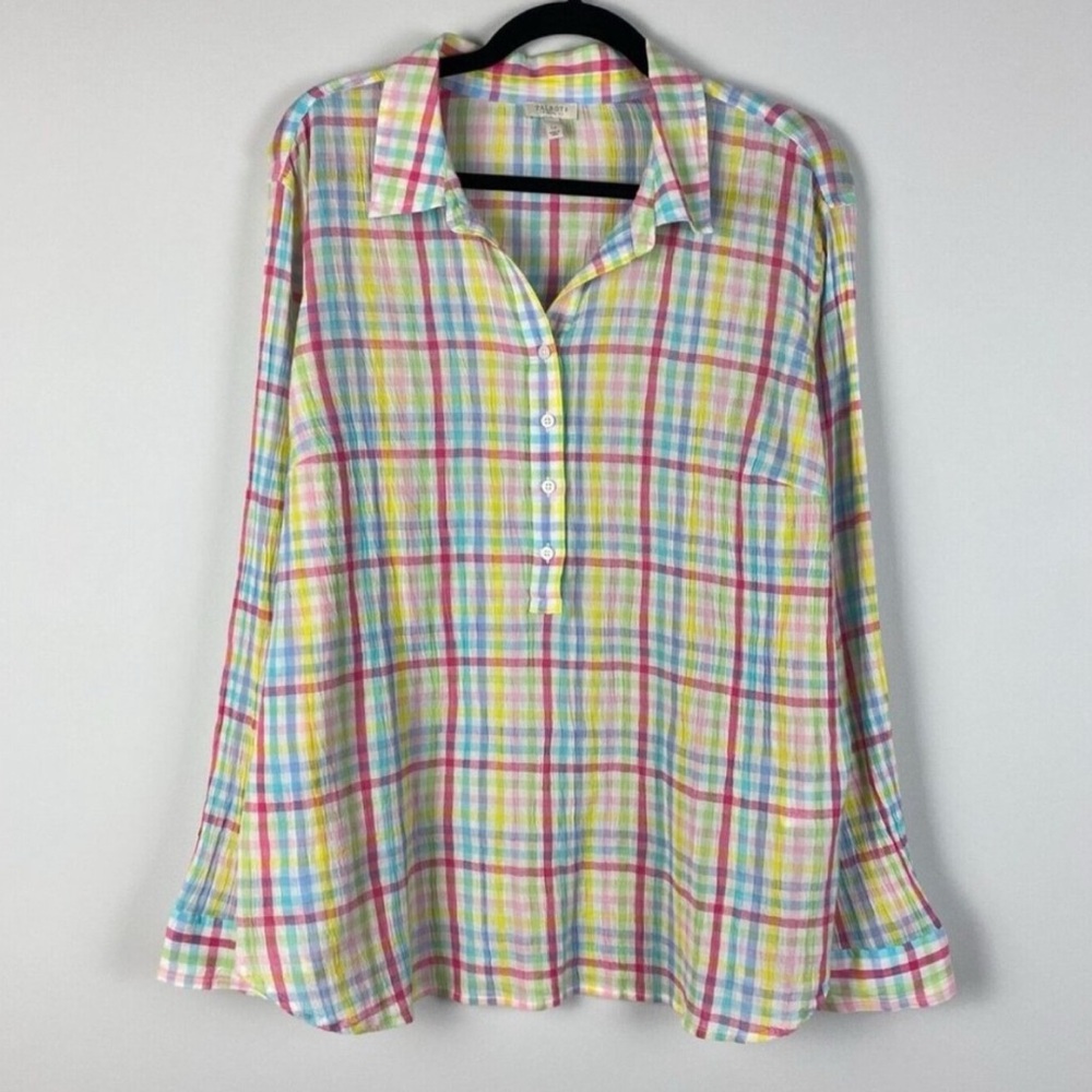 Talbots Pastel Plaid Popover Shirt Top Petite L Large